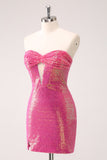 Fuchsia Hollow Out Strapless Sequins Tight Prom Dress with Slit