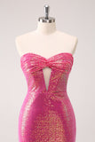 Fuchsia Hollow Out Strapless Sequins Tight Prom Dress with Slit