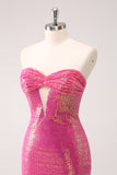 Fuchsia Hollow Out Strapless Sequins Tight Prom Dress with Slit