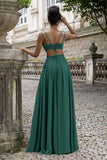 Dark Green A Line Chiffon Long Bridesmaid Dress with Lace Up Back
