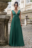 Dark Green Pleated V Neck A Line Chiffon Wedding Guest Dress