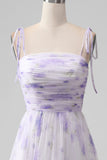 Lavender Spaghetti Straps Pleated A Line Floral Bridesmaid Dress with Slit