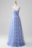 Blue Pleated Spaghetti Straps A Line Floral Bridesmaid Dress