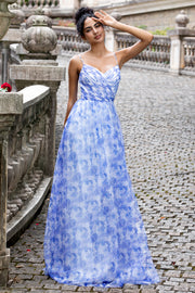 Blue Pleated Spaghetti Straps A Line Floral Bridesmaid Dress