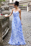 Blue Print A Line Spaghetti Straps Long Bridesmaid Dress