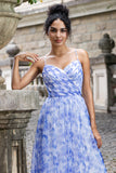 Blue Pleated Spaghetti Straps A Line Floral Bridesmaid Dress