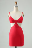 Red Tight Spaghetti Straps Hollow Out Short Prom Dress