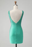 Green Bodycon V Neck Backless Short Prom Dress with Beading