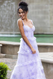 Lavender A Line Corset Spaghetti Straps Floral Tiered Long Bridesmaid Dress