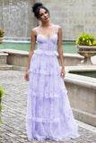 Lavender A Line Corset Boning Floral Tiered Floral Bridesmaid Dress