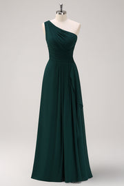 Dark Green One Shoulder A-Line Ruched Long Bridesmaid Dress