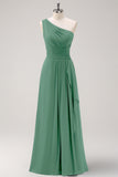 Eucalyptus One Shoulder A-Line Long Bridesmaid Dress with Slit