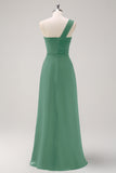 Eucalyptus One Shoulder A-Line Long Bridesmaid Dress with Slit