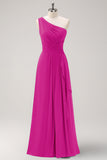 Eucalyptus One Shoulder A-Line Long Bridesmaid Dress with Slit