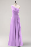 Eucalyptus One Shoulder A-Line Long Bridesmaid Dress with Slit