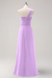 Eucalyptus One Shoulder A-Line Long Bridesmaid Dress with Slit