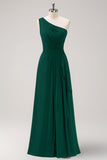 Eucalyptus One Shoulder A-Line Long Bridesmaid Dress with Slit