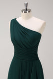 Dark Green One Shoulder A-Line Ruched Long Bridesmaid Dress