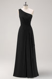 Dark Green One Shoulder Pleated A-Line Bridesmaid Dress with Ruffles