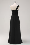 Dark Green One Shoulder Pleated A-Line Bridesmaid Dress with Ruffles