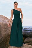 Dark Green One Shoulder Pleated A-Line Bridesmaid Dress with Ruffles