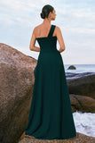 Dark Green One Shoulder Pleated A-Line Bridesmaid Dress with Ruffles