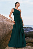 Dark Green One Shoulder Pleated A-Line Bridesmaid Dress with Ruffles