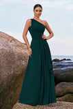 Dark Green One Shoulder Pleated A-Line Bridesmaid Dress with Ruffles