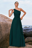 Dark Green One Shoulder Pleated A-Line Bridesmaid Dress with Ruffles