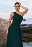 Dark Green One Shoulder Pleated A-Line Bridesmaid Dress with Ruffles