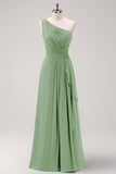 Dark Green One Shoulder Pleated A-Line Bridesmaid Dress with Ruffles