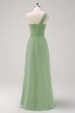 Dark Green One Shoulder Pleated A-Line Bridesmaid Dress with Ruffles