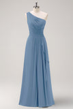 Dark Green One Shoulder Pleated A-Line Bridesmaid Dress with Ruffles