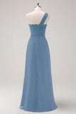 Dark Green One Shoulder Pleated A-Line Bridesmaid Dress with Ruffles