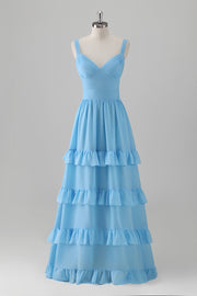 Blue Corset Tiered A-Line Chiffon Bridesmaid Dress