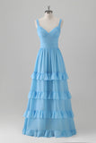 Blue A-Line Corset Tiered Backless Chiffon Bridesmaid Dress