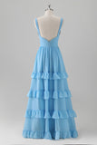 Blue A-Line Corset Tiered Backless Chiffon Bridesmaid Dress