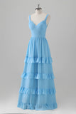 Blue Corset Tiered A-Line Chiffon Bridesmaid Dress