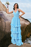 Blue A-Line Corset Tiered Backless Chiffon Bridesmaid Dress