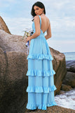 Blue A-Line Corset Tiered Backless Chiffon Bridesmaid Dress