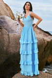 Blue A-Line Corset Tiered Backless Chiffon Bridesmaid Dress