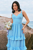 Blue A-Line Corset Tiered Backless Chiffon Bridesmaid Dress