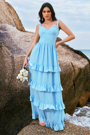 Blue A-Line Corset Tiered Backless Chiffon Bridesmaid Dress