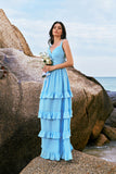 Blue A-Line Corset Tiered Backless Chiffon Bridesmaid Dress