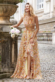 Yellow Small Flower Hollow Out A Line Wedding Guest Dress with Slit