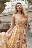 Yellow Small Flower Hollow Out A Line Wedding Guest Dress with Slit