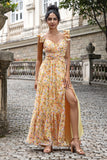 Yellow Flower A Line V Neck Print Pleated Wedding Guest Dress with Slit