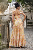 Yellow Flower A Line V Neck Print Pleated Wedding Guest Dress with Slit