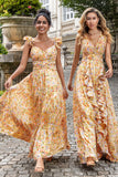 Yellow Flower A Line Cut Out Wedding Guest Dress with Slit