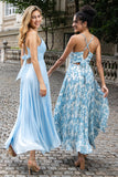 Sky Blue V Neck A Line Chiffon Wedding Guest Dress with Lace Up Back